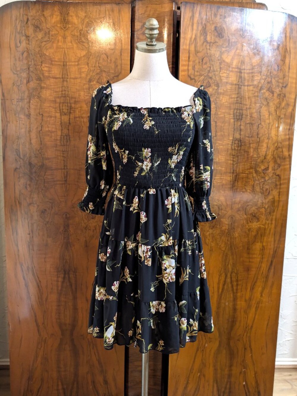 Baltic Born Black Gold Floral Smocked Mini Dress M Romantic Whimsical Goth